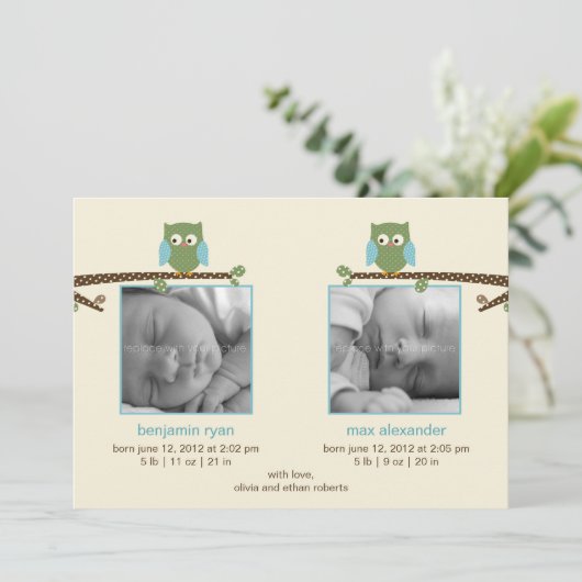 双子のフクロウ（双子の少年）誕生のお知らせ 案内状 (スタンド正面)