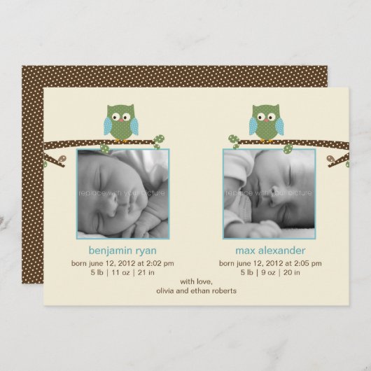 双子のフクロウ(双子の少年)誕生のお知らせ 案内状 (正面/裏面)