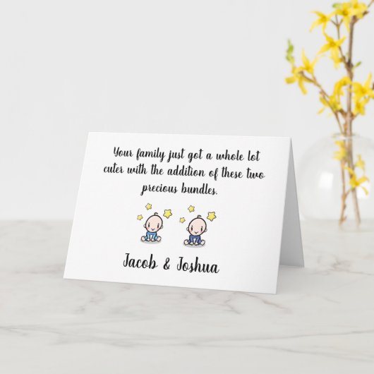双子のベビーおめでとうカード，名前，男の子の双子 カード (黄色い花)