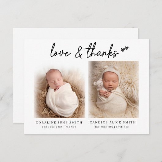 双子のベビーの写真の誕生の発表love & 感謝してい ポストカード (正面/裏面)