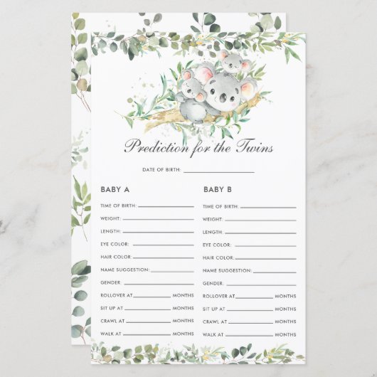 双子のベビーの活動のためのコアラの緑化予測 (正面/裏面)