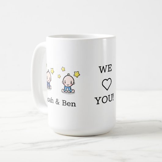 双子のベビーの贈り物:私たちはママのマグカップを愛し、2男の子、 コーヒーマグカップ (正面左)
