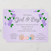 双子のベビーガールと男の子のシャワー 招待状 (正面/裏面)