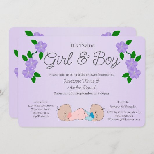 双子のベビーガールと男の子のシャワー 招待状 (正面/裏面)