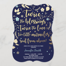 双子のベビーシャワーの招待状 ゴールド ブルー ネイビー 男の子 招待状