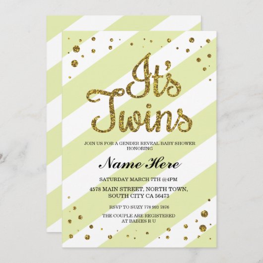 双子のベビーシャワージェンダーが黄色い招待状 招待状 (正面/裏面)