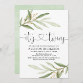 双子のベビーシャワー緑のモダン金ゴールド 招待状 (正面/裏面)