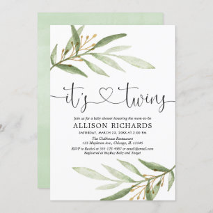 双子のベビーシャワー緑のモダン金ゴールド 招待状