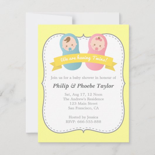 双子のベビーシャワー-かわいい男の赤ちゃんと少女 招待状 (正面)