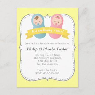 双子のベビーシャワー-かわいい男の赤ちゃんと少女 招待状