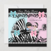 双子のベビーシャワー キュート ガール ピンク ボーイ ブルー ゼブラ 2 招待状 (正面)