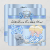 双子のベビーシャワー 男の子 青い リトルプリンス クラウン 3D 招待状 (正面/裏面)