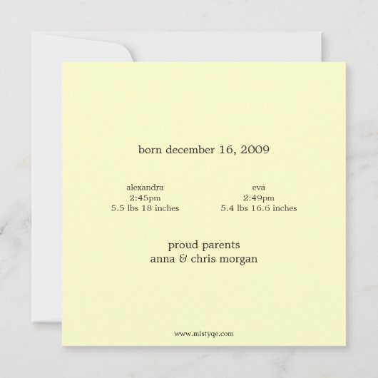 双子のベビー写真誕生のお知らせ 案内状 (裏面)