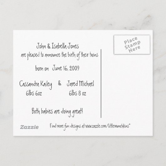 双子のベビー発表 – 毛布のクマ 案内ポストカード (裏面)