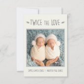 双子のベビー誕生の発表カード、2回の愛 サンキューカード (正面)