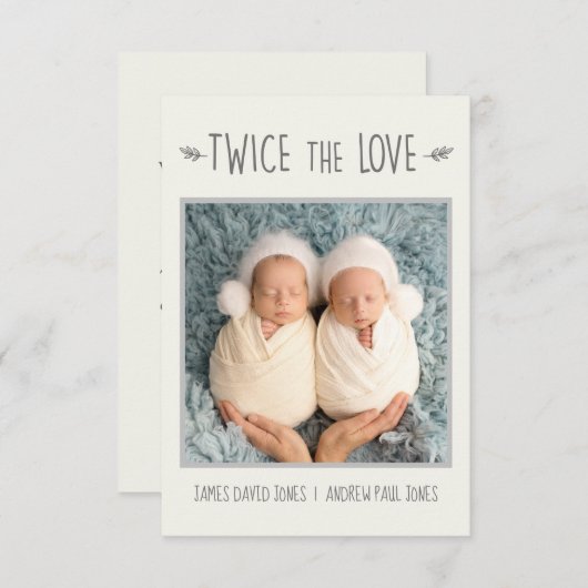 双子のベビー誕生の発表カード、2回の愛 サンキューカード (正面/裏面)