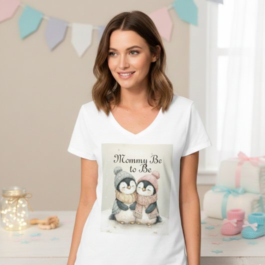 双子のペンギンのベビーシャワー 男の子 女の子 冬 Tシャツ