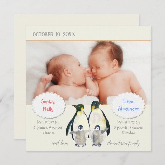 双子のペンギン家族の写真誕生のお知らせ 案内状 (正面/裏面)