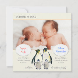 双子のペンギン家族の写真誕生のお知らせ 案内状