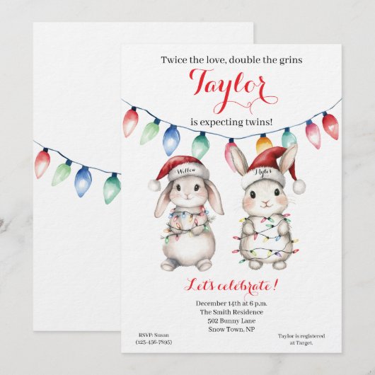 双子のホリデーライトベイビーシャワー招待状 招待状 (正面/裏面)