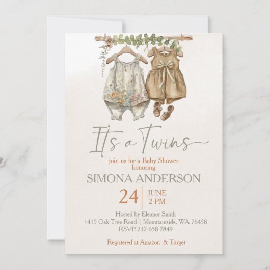 双子のボホ服子供部屋の赤ちゃんシャワー 招待状 (正面)