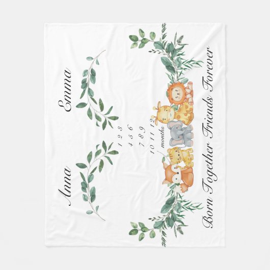 双子のマイルストー男女兼用ンベビー動物 フリースブランケット (正面)