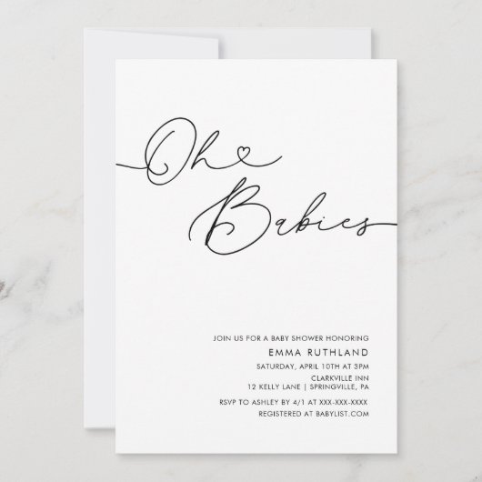 双子のミニマルハンドライティングハートベイビーシャワー 招待状 (正面)
