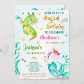 双子のメルミコーンとドラゴンの誕生日の招待状 招待状 (正面/裏面)