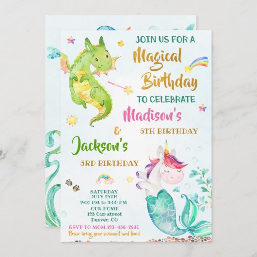 双子のメルミコーンとドラゴンの誕生日の招待状 招待状 (正面/裏面)