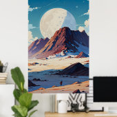 双子の下で広大なエイリアン砂漠を探検する宇宙飛行士 ポスター (ホームオフィス)