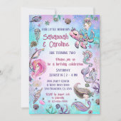 双子の人魚の女の子の誕生日　海の下のパーティー 招待状 (正面)