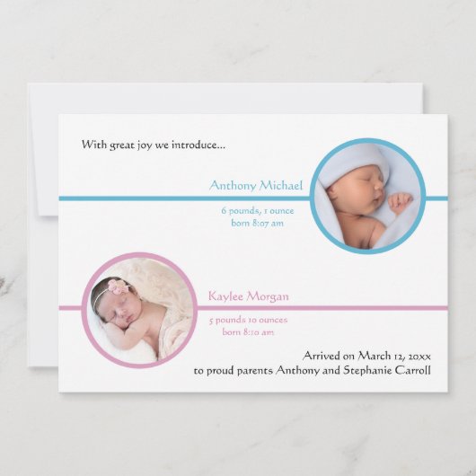 双子の兄弟の写真付き誕生発表 案内状 (正面)