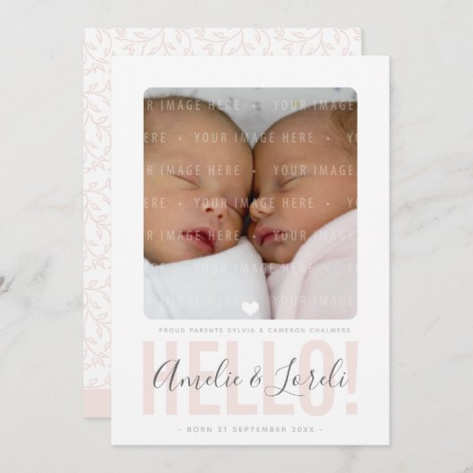 双子の写真誕生のお知らせハローピンクの女の子 案内状 (正面/裏面)