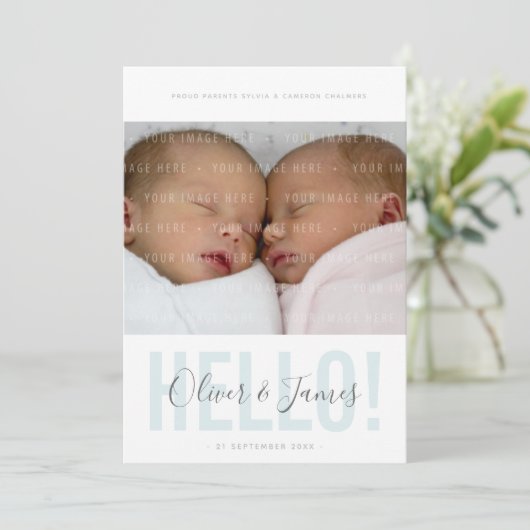 双子の写真誕生のお知らせハローブルー男の赤ちゃん 案内状 (スタンド正面)