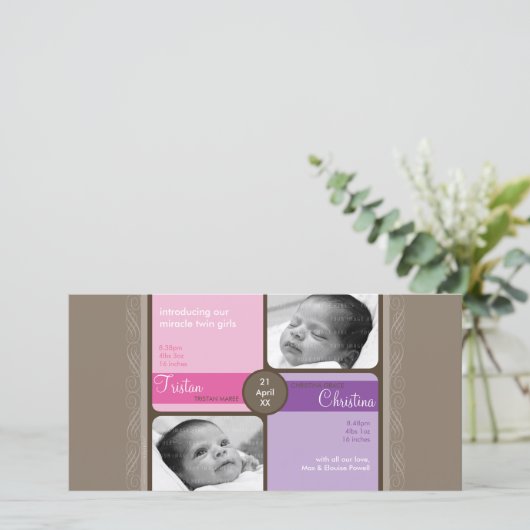 双子の写真誕生のお知らせ：：大切な4L 案内状 (スタンド正面)