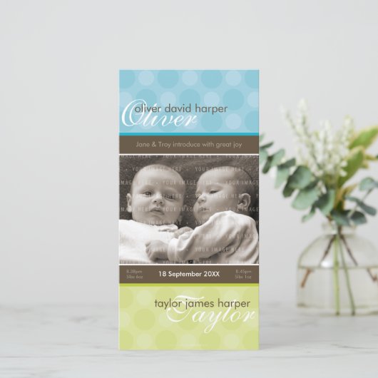 双子の写真誕生のお知らせ：:調和3P 案内状 (スタンド正面)