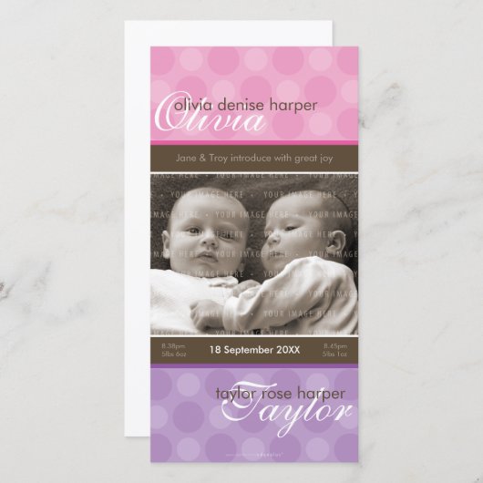 双子の写真誕生のお知らせ：:調和4P 案内状 (正面/裏面)