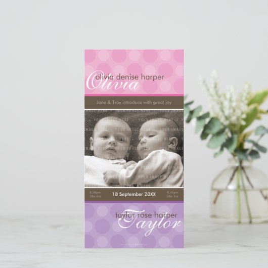 双子の写真誕生のお知らせ：:調和4P 案内状 (スタンド正面)