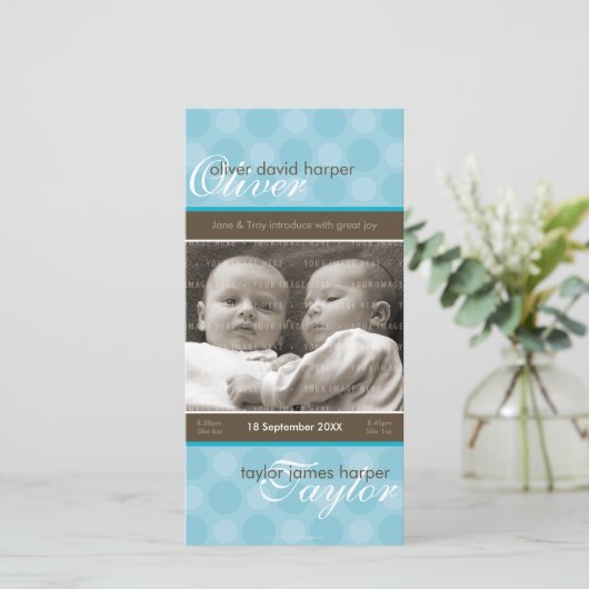 双子の写真誕生のお知らせ：:調和5P 案内状 (スタンド正面)