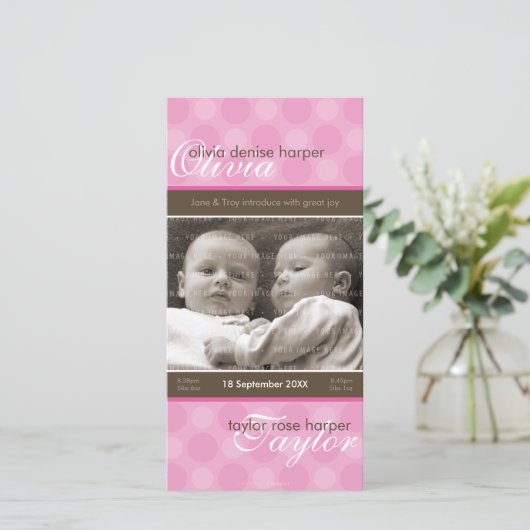 双子の写真誕生のお知らせ：:調和6P 案内状 (スタンド正面)