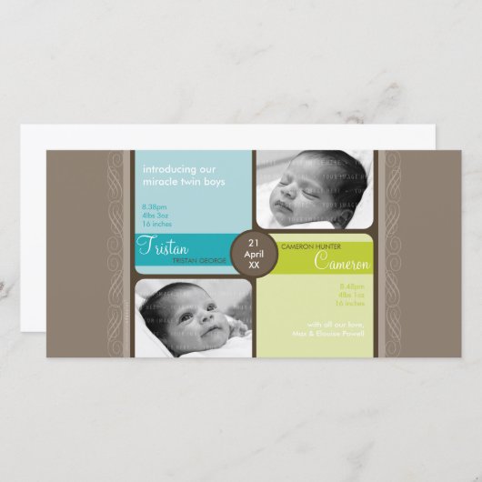 双子の写真誕生のお知らせ：: 2L 案内状 (正面/裏面)