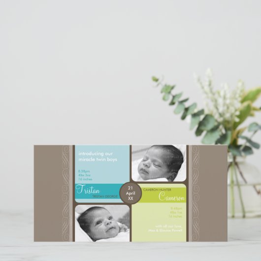 双子の写真誕生のお知らせ：: 2L 案内状 (スタンド正面)