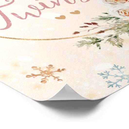 双子の冬の赤ちゃんシャワーの雪の結晶 ポスター (角)