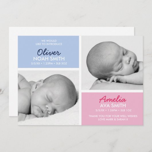 双子の出産の告知/サンキューカード サンキューカード (正面/裏面)