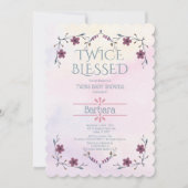 双子の出産を期待して: ボヘミアンの花とラベンダーの水彩 招待状 (正面)