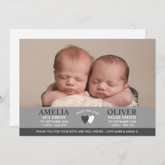 双子の出産報告/感謝カード 案内状 (正面/裏面)