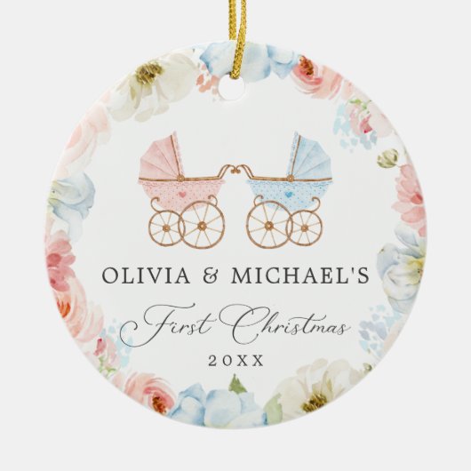 双子の初めてのクリスマス男の子と女の子のセラミックの装飾 セラミックオーナメント (正面)