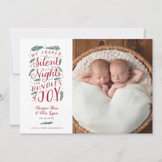 双子の初めてのクリスマス誕生発表ホリデー シーズンカード (正面)