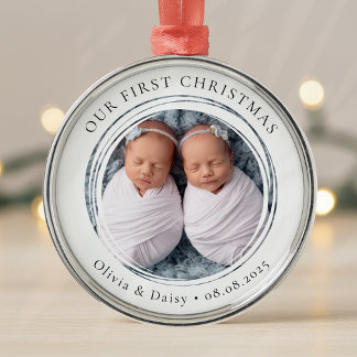 双子の初クリスマス 新生児 写真ギフト メタルオーナメント