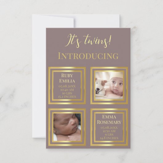 双子の双子の女生まれたばかりのの子の写真の誕生の発表 サンキューカード (正面)